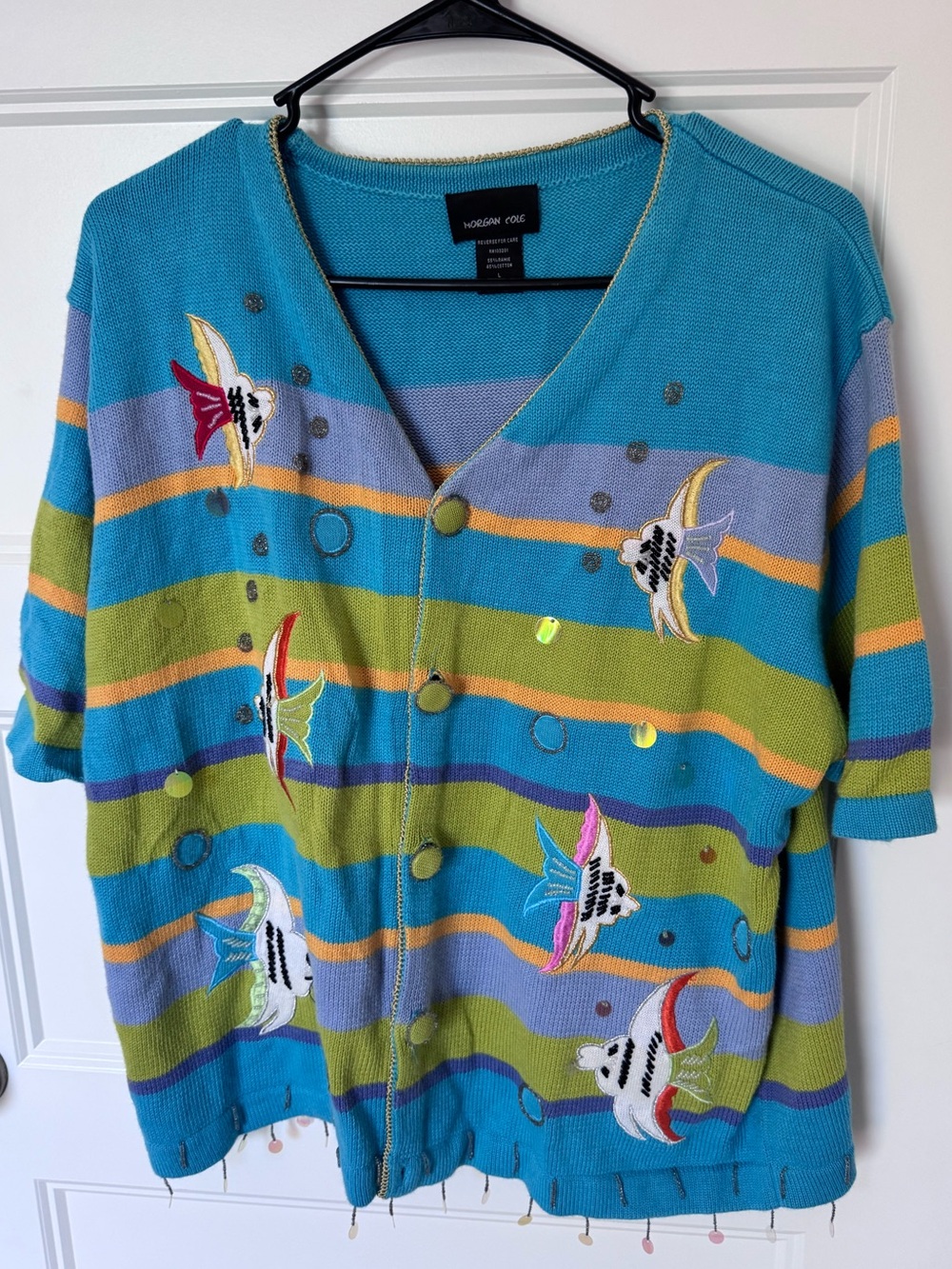 Vintage Morgan Cole angel fish aquarium embroidered sequin knit